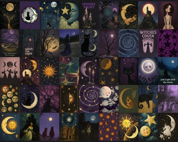 90 Witchy Wall Art, Moon Cat Print, Gothic Wall Decor (Digital Download)