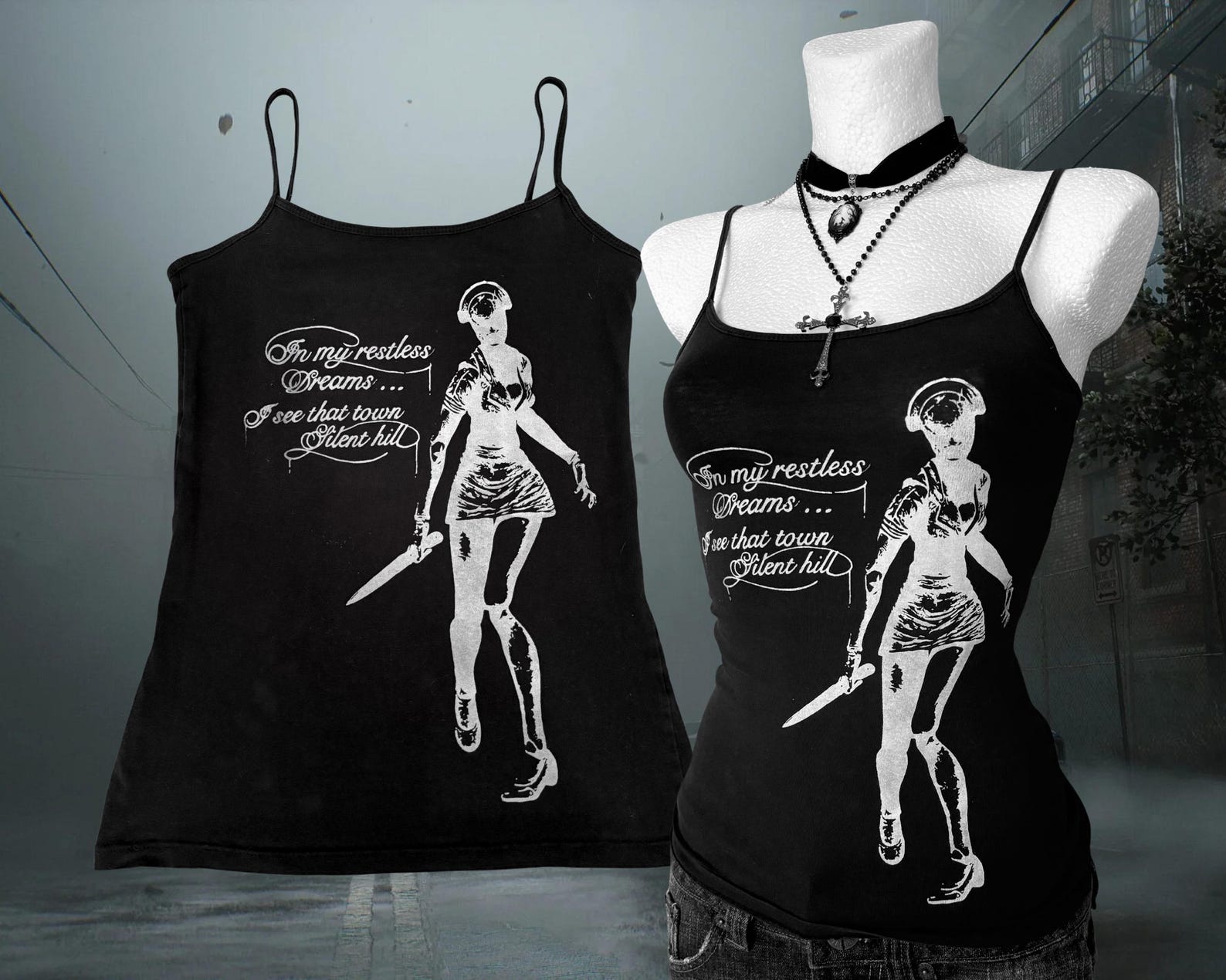 Silent Hill Nurse Shirt: Hand-Printed Gothic Horror Gamer Top