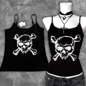 Hand-Printed Gothic Skull Cami Top: Grunge Punk Y2K