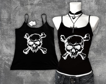 Hand-Printed Gothic Skull Cami Top: Grunge Punk Y2K