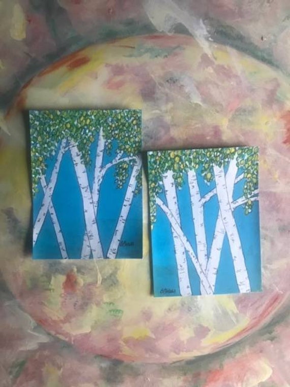 PaintATreeADay ART, Series of 2,Turquois Sky and White Birch Trees, 9x7" Heavy Watercolor Paper, Original Acrylic ART by BeckyPaints