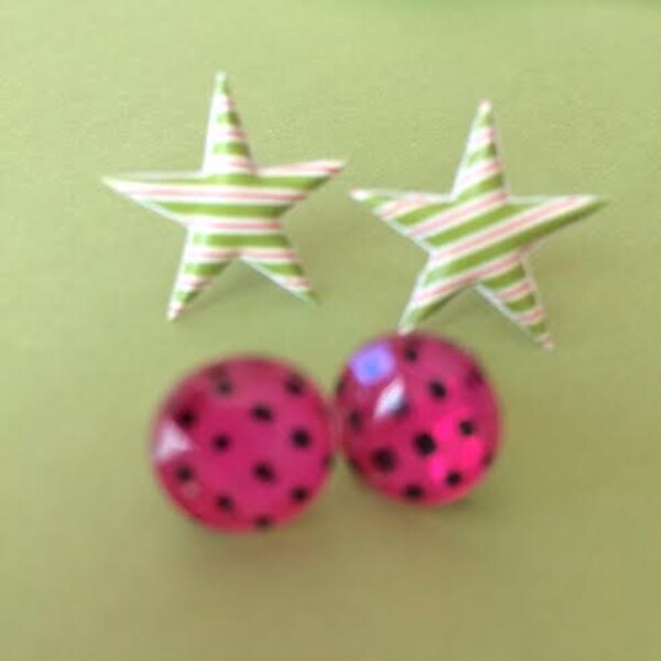 Pair of Handmade Stud Earrings w Pink n Black Polka Dots in Acrylic Rounds and Green n White Stripped Stars both on Silver Earring Posts