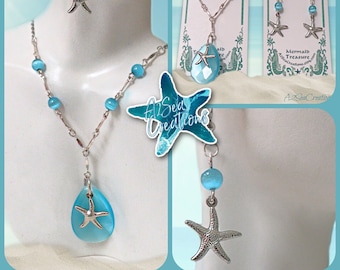 Mermaid Teardrop and Starfish Necklace and Earring Set