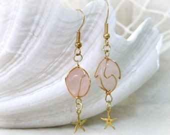 Rose Quartz Wire-Wrapped Drop Earrings