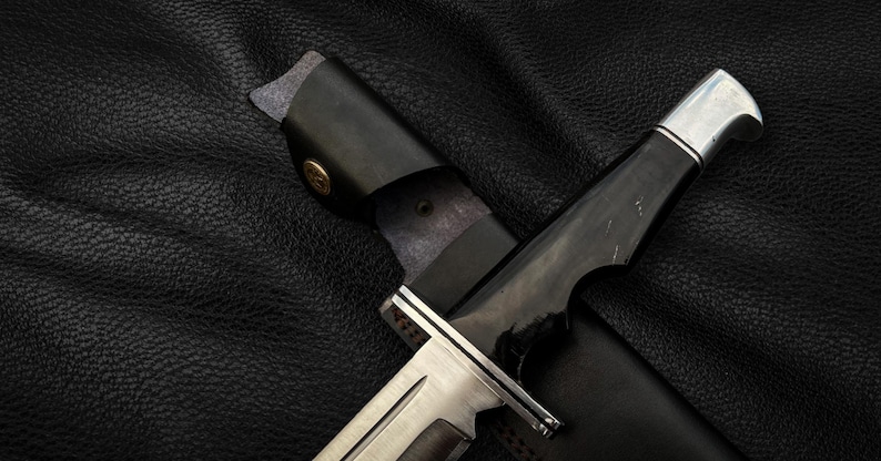 May include: A black leather sheath with a silver and black knife inside. The knife has a black handle and a silver blade.