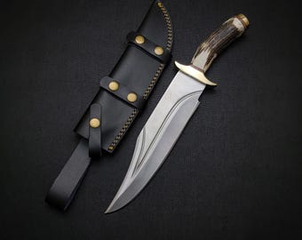 Cuchillo Bowie de acero D2 hecho a mano: El Lobo, mango de asta de ciervo, funda de cuero