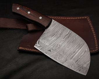 Handmade Damascus Serbian Chef Cleaver with Leather Sheath
