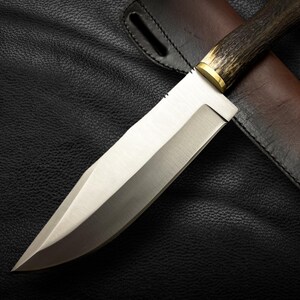 May include: A silver-colored hunting knife with a brown antler handle and a leather sheath. The knife is lying on a black leather surface.
