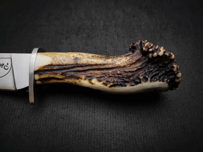 May include: A hunting knife with a brown antler handle and a silver blade. The blade has a small inscription on it.