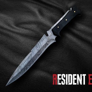Damascus Steel Resident Evil 4 Replica Knife with Leather Sheath