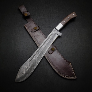 Handmade 18&#39;&#39; Damascus Steel Machete with Leather Sheath | Densified Wood Handle Machete | Gift for him | Handmade Gift | Hunting Gift