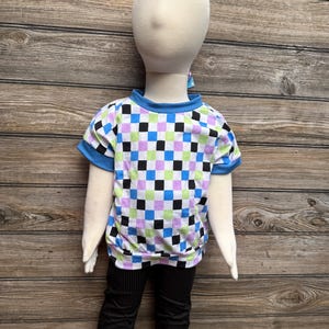 Handmade Checkered Short Sleeve Tee | Colorful Cotton Kids T-Shirt | Retro Blue Band Tee | Boys or Girls Summer Shirt | Gender-Neutral Top