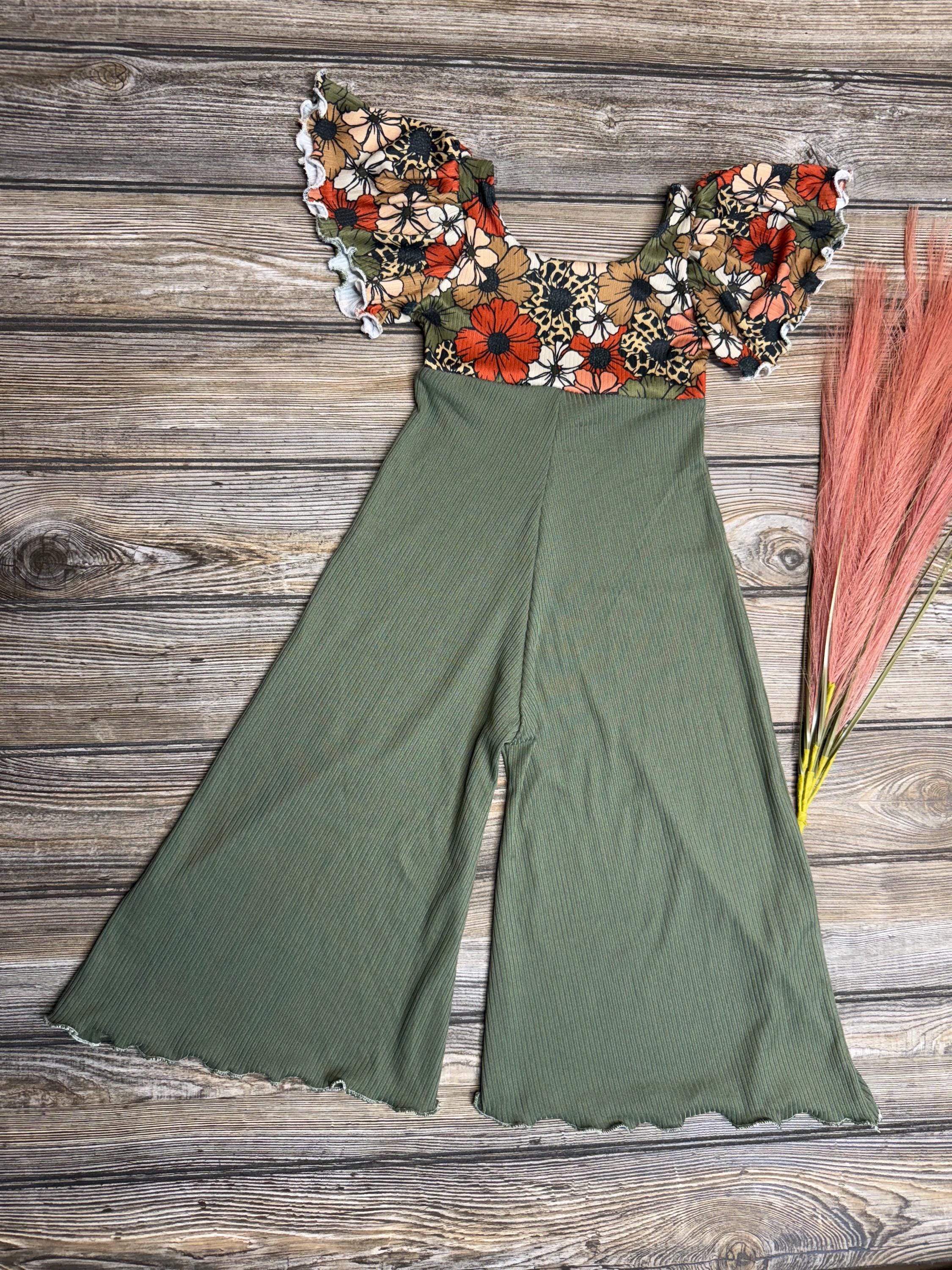 Handmade Olive Green Floral Bell Bottom Jumpsuit Retro Fall Girls Outfit CPSC Compliant