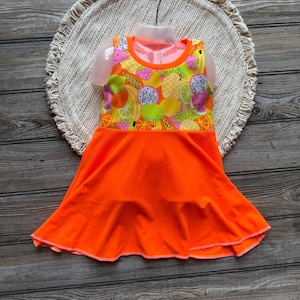 Handmade Bright Fruit Dress – Colorful Toddler & Girls Dress with Orange Skirt – Summer Twirl Dress – Back Forty One Kids