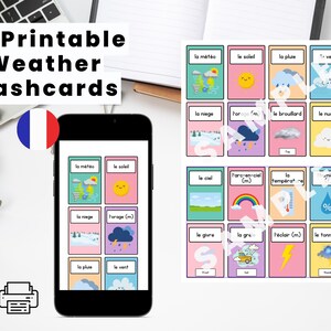 Flashcards coloridos para impressão Vocabulário francês para aprendizagem eficaz de línguas para crianças e jovens estudantes - Edição do clima