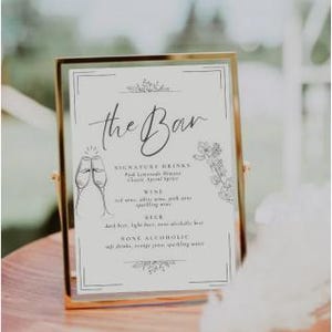 Eleganckie menu baru weselnego Edytowalny znak baru na wesele Dostosowywalny prosty czarno-biały projekt menu baru weselnego
