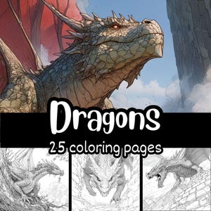 Dragons Coloring Book for Adults, 25 Fantasy Creatures Printable Pages, Digital Download Lineart, DIY PDF