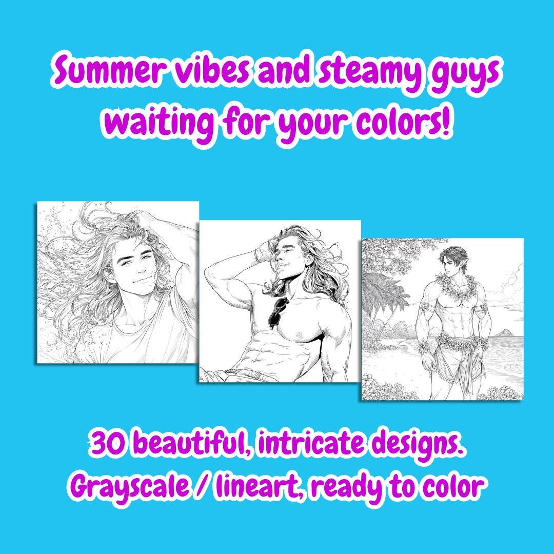 Hot Summer Men Coloring Book for Adults, 30 Shirtless Guys Printable ...