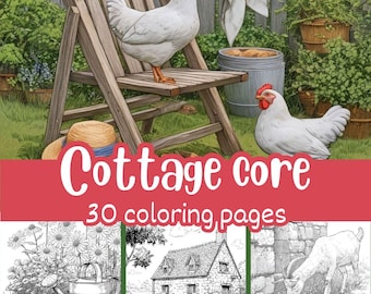 Può includere: Illustrazione digitale con due galline bianche in un giardino. Una è su una sedia di legno, l'altra sull'erba. Un banner rosso mostra "Cottage core" e "30 coloring pages".