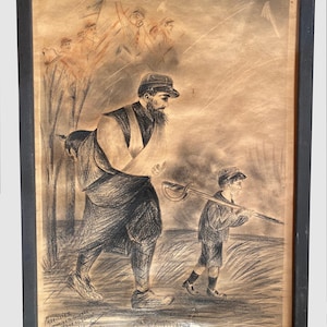 May include: A framed charcoal drawing titled L'AUXILIAIRE by Marillier, dated 1917. It depicts a bearded soldier with a bandaged arm walking alongside a young child carrying a sword. In the background, faint figures of soldiers are visible.