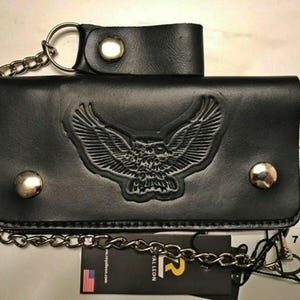 Cartera de cuero genuino para motocicleta, con cadena y cremallera interior, con águila en relieve B13