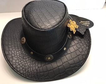 New genuine Water Proof cow LEATHER Outback Western Cowboy Hat. Crocodile emboss