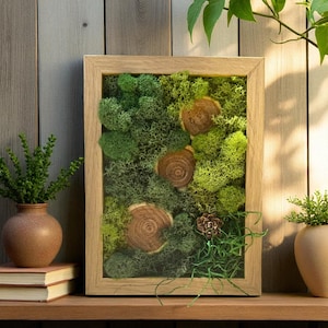 Zen Moss Wall Art with Wood Slices | Mindful Nature-Inspired Decor | Preserved Reindeer Moss Frame | Boho Eco Wall Hanging| Wooden slice art