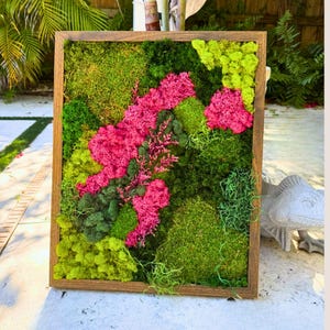 Pink & Green Moss Wall Art | Real Preserved Moss Decor in Wood Frame | Vertical Botanical Wall Hanging | Vibrant Biophilic Interior Accent