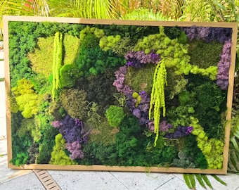 XL Moss Wall Art Panel – 24x36inch Botanical Landscape with Hanging Amaranth | Natural Green Living Decor | Eco-Friendly Wall Accent
