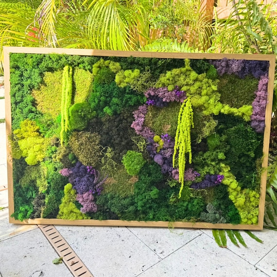XL Moss Wall Art Panel – 24x36inch Botanical Landscape with Hanging Amaranth | Natural Green Living Decor | Eco-Friendly Wall Accent