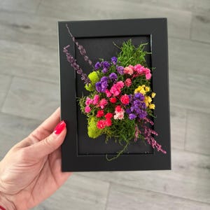 May include: A framed floral arrangement featuring a vibrant mix of colorful dried flowers, including pink, purple, yellow, and red blooms, set against a bed of green moss. The arrangement is enclosed in a black rectangular frame.