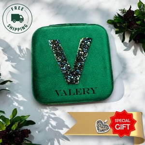 Joyero de terciopelo personalizado / Organizador personalizado con monograma con purpurina / Estuche de viaje elegante para mujeres y niñas / Idea de regalo navideño