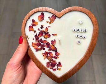 Heart Shaped Candle Gift, I Love You Candle, Romantic Handmade Wax Decor with Rose Petals, Wooden Heart Tray, Valentine’s Day Gift for Her
