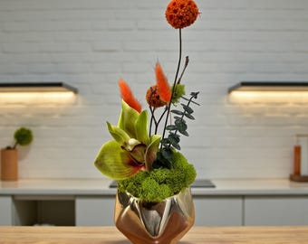 Preserved Moss & Orchid Art Centerpiece in Gold Vase