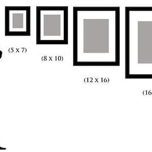 May include: A size comparison chart featuring a black silhouette of a person standing next to four rectangular picture frames with white mats. The frames are labeled with dimensions in inches: 5x7, 8x10, 12x16, and 16x20, showing relative scale.