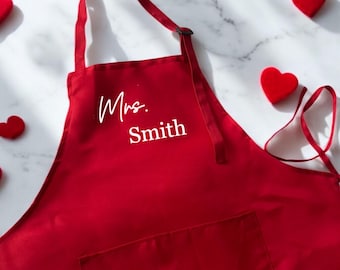 Custom Mrs. Apron | Personalized Red Apron with Name | Perfect Bridal Shower, Newlywed, or Valentine’s Day Gift