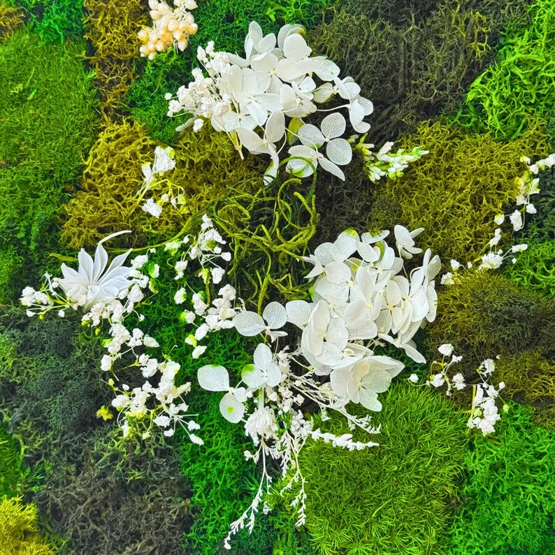 View of Hexagon Moss Wall Art With White Flowers | Preserved Moss Decor ...