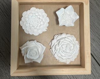 Modern 3D White Flower Wall Art, Handmade Sculptural Floral Installation. Set of 4
