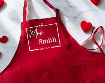 Custom Mrs. Apron with Wedding Date | Personalized Red Apron for Newlyweds | Bridal Shower or Valentine’s Day | Mom Apron | Baking Apron