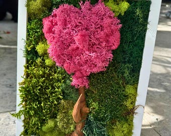 Romantic Pink Heart Tree Moss Art Gift for Her