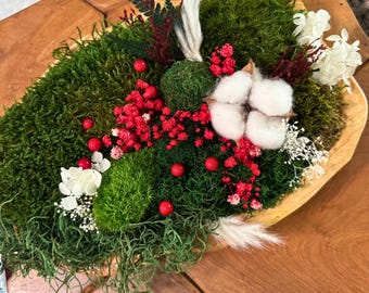 Natural Botanical Centerpiece Handmade with Preserved Moss & Cotton