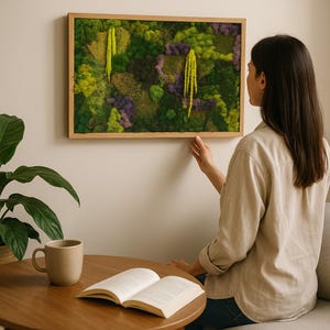 May include: A framed wall art piece featuring a vibrant arrangement of green, yellow, and purple moss. The artwork is encased in a natural wood frame, creating a striking contrast. The moss art adds a touch of nature to any interior space.