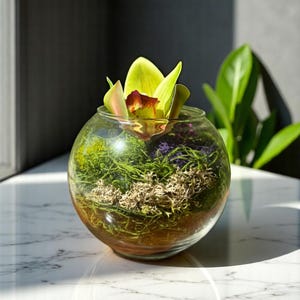 Glass Terrarium with Orchid – Preserved Moss Arrangement | Eco Floral Centerpiece | Tabletop Green Decor | Gift for Plant Lover