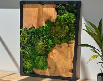 Modern Botanical Moss & Wood Wall Art – Minimalist Greenery Decor, Natural Organic Home Accent, Handmade Moss Frame