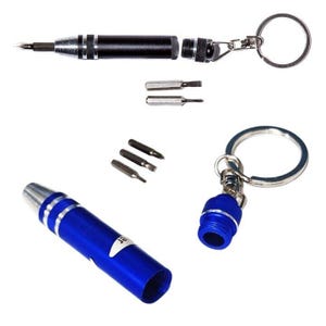 May include: A set of small screwdrivers in black and blue, with silver accents. The set includes a keychain attachment and several interchangeable bits. The tools are designed for precision work and are compact for portability.
