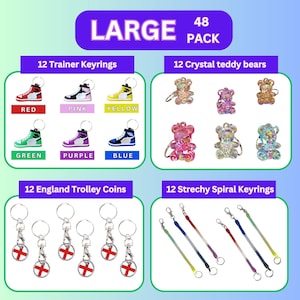 May include: A large pack of 48 keychains, including 12 trainer keyrings in red, pink, yellow, green, purple, and blue, 12 crystal teddy bears, 12 England trolley coins, and 12 stretchy spiral keyrings.