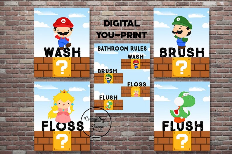 Bathroom Rules Super Mario Bathroom Art Super Mario Bathroom Etsy