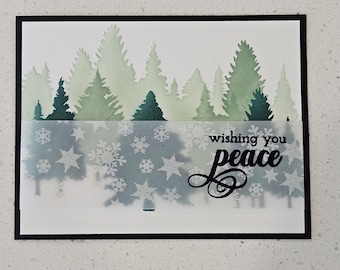 Set of 5 Christmas cards, "Wishing you peace", vellum snowflakes, evergreen trees,