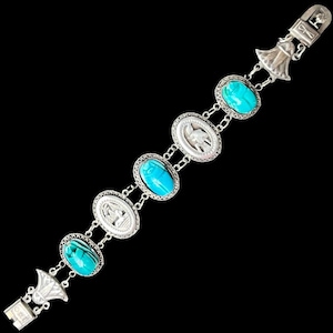 Vintage Jewelry Rare Vintage Art Deco Sterling Egyptian Revival Scarab Bracelet | Blue Faience Scarab Beetle Panel Link Bracelet Femme