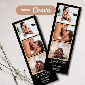 Puede incluir: Una tarjeta de guardar la fecha de estilo cabina de fotos negra y dorada con cuatro fotos de una pareja. El texto dice "Save the Date" con los nombres "Lucy + Mike" y la fecha "12.09.2024".